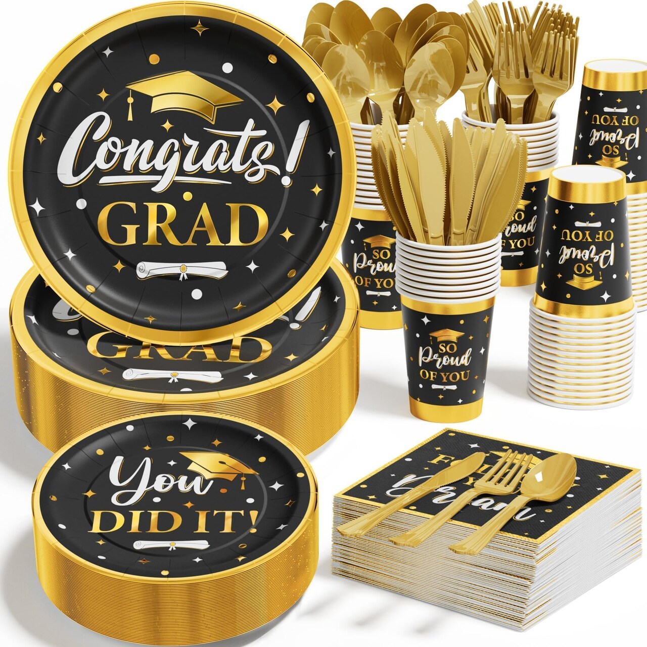 Graduation Decoration Class of 2026, 350PCS Graduation Party Supplies Disposable Dinnerware(Serve 50) with Paper Plates Cup Napkin Fork Knife Spoon College High School Grad Decor(Black & Gold)